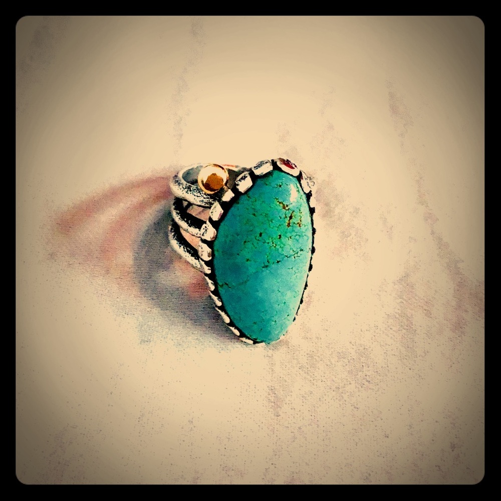Hopi sterling silver with 14ct gold turquoise ring